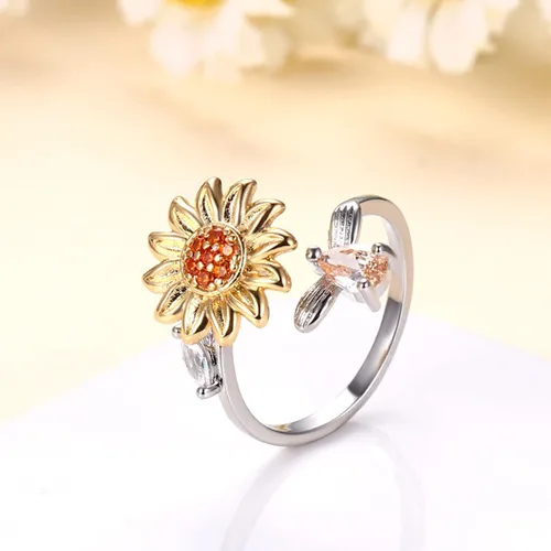 Vista 2 de Anillos giratorios de girasol ajustables con circonita cúbica abierta para mujer