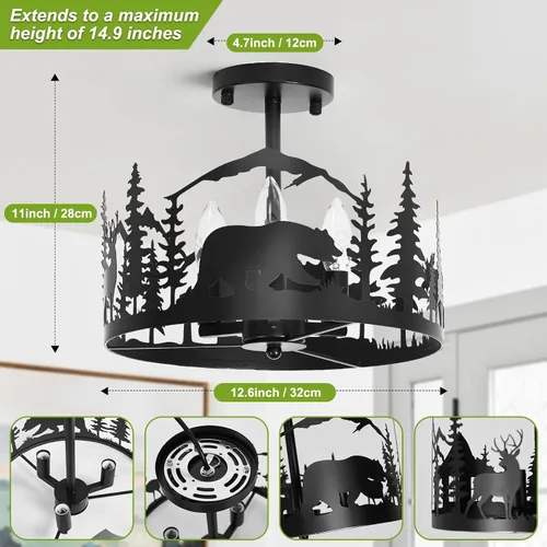 Vista 6 de Accesorio de Lámpara de Techo Rústica de Granja de Montaje Semi-Empotrado, 3 Luces Base E12 Accesorios de Luz de Metal Redondo Negro para Cocina