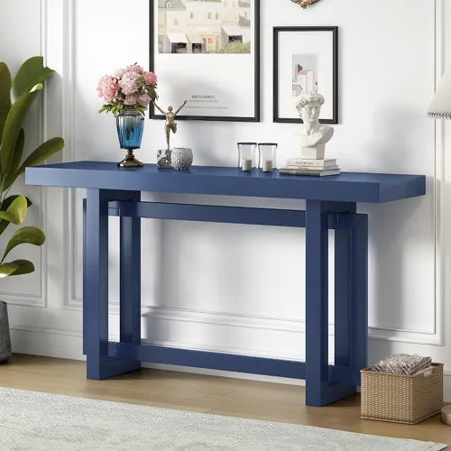 Vista 12 de Console Table for Entryway, 59" Wood Sofa Table with Solid Wood Legs, Modern Entryway Table with Geometric Design for Living Room, Hallway (Black)