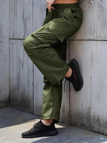 Vista 3 de udforsk Pantalones cargo de cintura alta para mujer, pantalones de paracaídas de pierna ancha para mujer con bolsillos, pantalones holgados Y2K