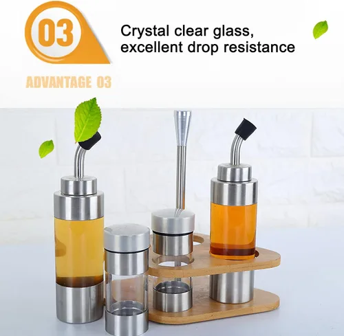Vista 4 de Cyrank Juego de salero y pimienta, dispensador de aceite de oliva y vinagre con soporte de madera, dispensador de especias de vidrio para el hogar