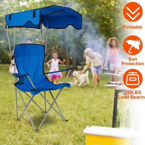 Vista 3 de TeqHome Silla de campamento con toldo de sombra, silla de césped plegable resistente con soporte para tazas, protección solar UPF 50+, silla
