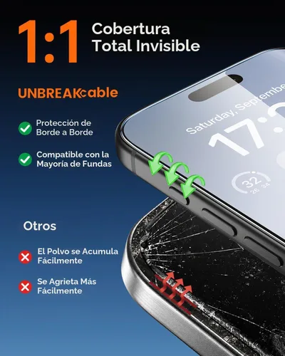 Vista 3 de UNBREAKcable - Protector de pantalla de cobertura completa para iPhone 15, paquete de 3