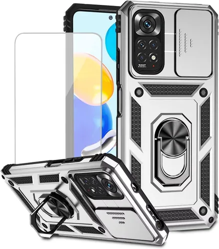 Vista 8 de Para Redmi Note 11 (4G)/Redmi Note 11S con protector de pantalla de vidrio templado y cubierta de cámara deslizante, anillo magnético Soporte de Oro