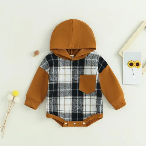 Vista 2 de Twopumpkin Sudadera con capucha a cuadros para bebé niño, mameluco de manga larga con capucha para otoño e invierno