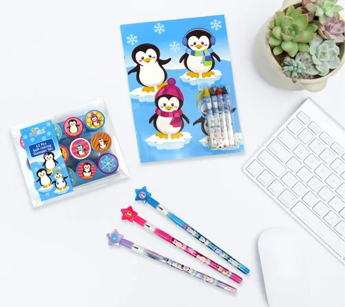 Vista 3 de TINYMILLS 24 sellos surtidos de pingüinos para niños (12 diseños diferentes) para fiestas de cumpleaños, rellenos de calcetines, recuerdos