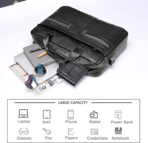 Vista 5 de Maletín de cuero genuino para hombres, bolso de hombro para computadora portátil con correa, bolso de trabajo de viaje de negocios de 15.6 pulgadas