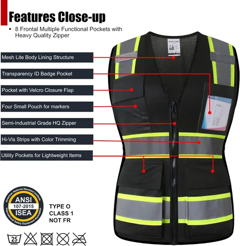 Vista 2 de Chaleco de seguridad para mujer, chaleco de alta visibilidad con 8 bolsillos y cremallera frontal, chaleco reflectante de malla que cumple