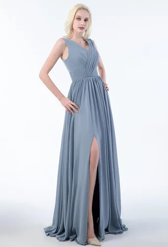 Vista 3 de Vestido de dama de honor con cuello en V para mujer, de gasa, plisado, vestido de noche formal con abertura