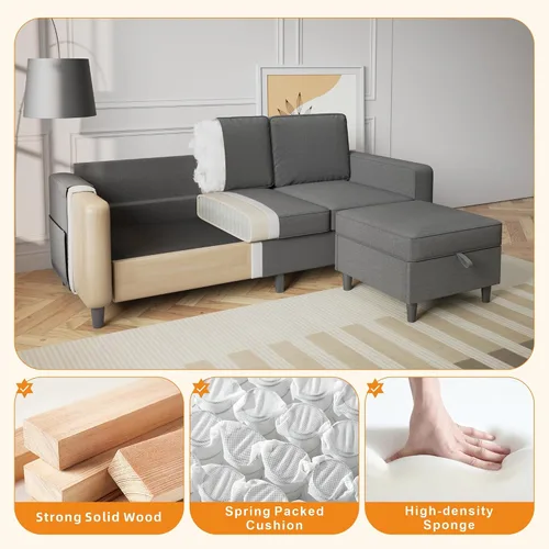 Vista 3 de Sofá seccional y sofás para sala de estar, sofá de 3 asientos gris oscuro de 3 asientos en forma de L con otomana de almacenamiento, sofás