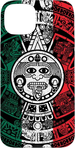 Vista 9 de Funda para iPhone 17 con calendario maya azteca con diseño de piedra solar envejecida de la bandera de México