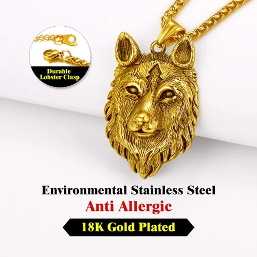 Vista 4 de Richsteel Necklaces for Men 316 Stainless Steel18K Gold PlatedBlack Wolf Pendant Viking Nordic Jewelry