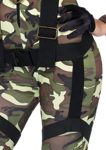 Vista 3 de Leg Avenue Disfraz de militar con cremallera frontal, camuflado, enterizo y arnés corporal