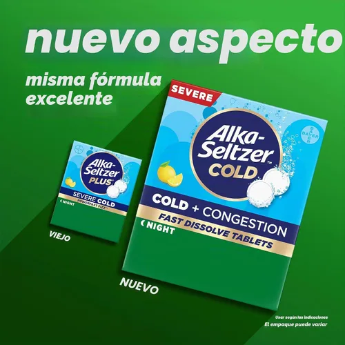 Vista 2 de Alka-Seltzer Plus tabletas efervescentes PowerFast Fizz para resfriado severo, alivio de síntomas de resfriado nocturno, 24