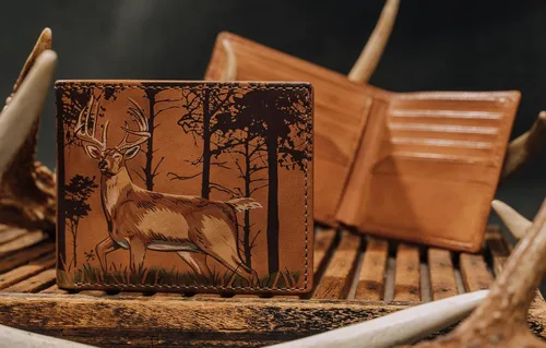 Vista 3 de HoJ Co. Deer In The Woods - Cartera plegable Cuero italiano de grano completo Cartera de cuero para hombre Diseño clásico bi-fold Regalo