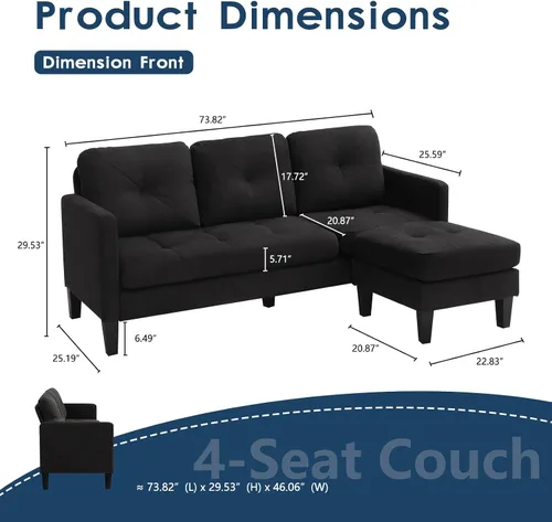 Vista 2 de Sofá modular convertible, moderno en forma de L, sofá de 3 asientos, modular reversible para sala de estar, apartamento y espacio pequeño (negro)