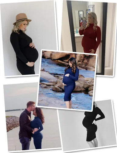 Vista 3 de Vestido de maternidad de manga larga con cuello alto, vestido de embarazo ajustado a media pierna para uso casual, sesión de fotos, baby shower