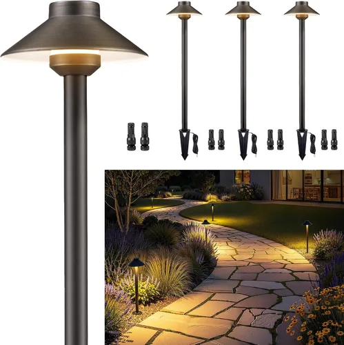 Vista 25 de Gardenreet Luces de camino de latón para exteriores, iluminación de camino de paisaje de bajo voltaje con cable, luz LED de pasarela de 12 V