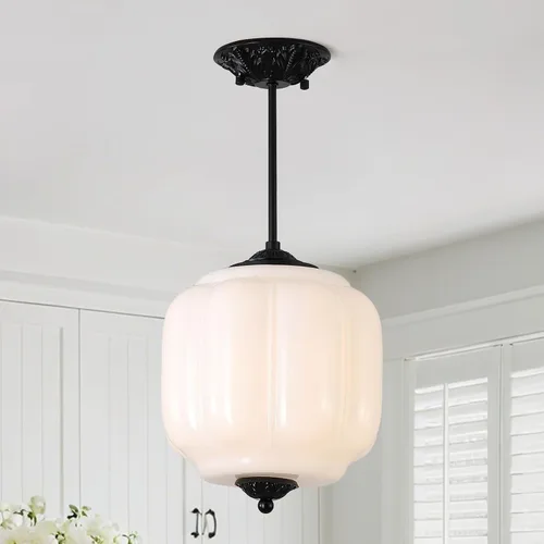 Vista 11 de Lámpara colgante de vidrio lechoso, lámpara colgante semiempotrada de latón antiguo vintage, candelabro de vidrio blanco cerca del techo