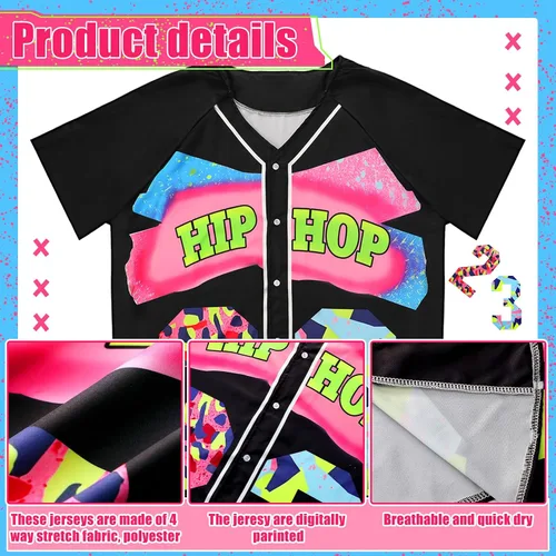Vista 3 de Xtinmee Traje de los años 8090 para mujer, kit de disfraz de hip hop, disfraz de los años 90, camiseta de béisbol, camisa de manga corta, pantalones
