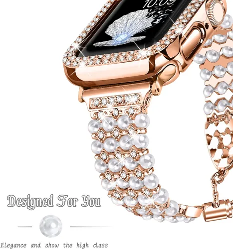 Vista 3 de Joyozy Pulsera de perlas brillantes de 1.772 pulgadas y funda compatible con Apple Watch series 9, 8, 7, para mujer, con diamantes brillantes