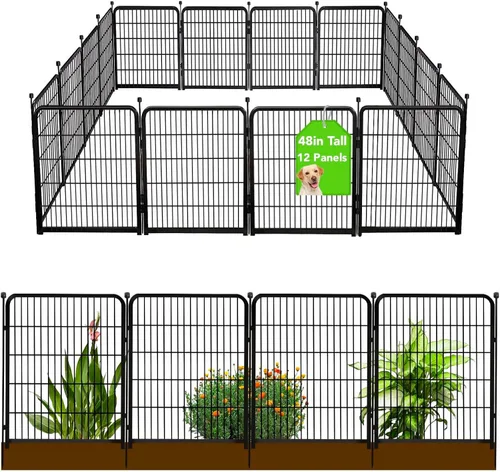 Vista 16 de Vallas Decorativas de Jardín de 24 pulgadas (H) con Puerta, 8 Paneles Total 15.7 pies (L) Valla de Barrera de Hierro Resistente para Animales