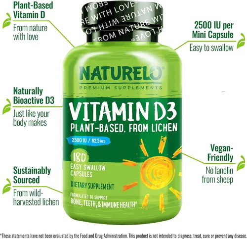 Vista 4 de NATURELO Vitamina D - A base de plantas de liquen - 180 mini cápsulas, vegano B12, 1000 mcg de metilcobalamina - 90 cápsulas
