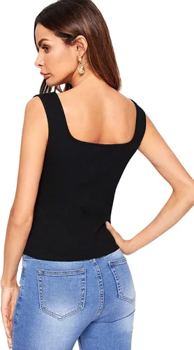 Vista 2 de SheIn Camiseta de tirantes básica de punto acanalado con cuello redondo para mujer