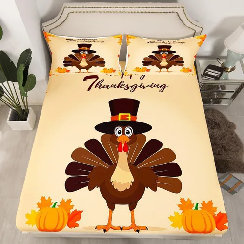 Vista 2 de Erosebridal Lindo juego de sábanas de pavo tamaño individual para niños y niñas, juego de sábanas de cosecha de Acción de Gracias, decoración