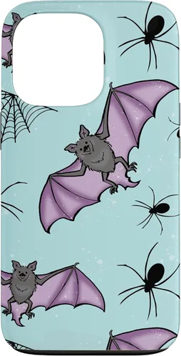 Vista 10 de iPhone 16 lindo vampiro murciélago decoración de Halloween para niñas púrpura y menta caso