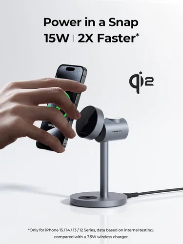 Vista 3 de MagFusion - Estación de carga 3 en 1 compatible con MagSafe, soporte de cargador inalámbrico magnético de 15 W, certificado Qi2, para iPhone