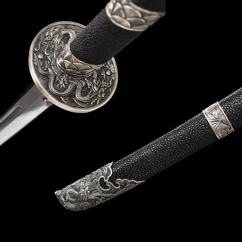 Vista 6 de Yulong Ming Dao, sable chino tradicional de 38.98 pulgadas con hoja de acero revestido, accesorios de bronce blanco y vaina cubierta de piel