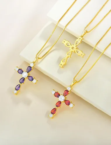 Vista 13 de YL Collar de cruz de plata de ley 925 con colgante de piedra natal religiosa para mujer