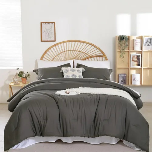 Vista 27 de weigelia Juego de edredón individual de 5 piezas beige en una bolsa, suave juego de ropa de cama Queen ligero para mujeres y hombres