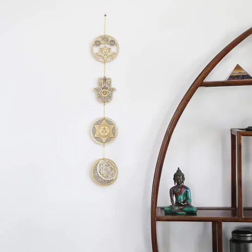 Vista 2 de Juego de 4 piezas de arte de pared de geometría sagrada de "5.31" pulgadas, (Loto Sagrado, Mano Hamsa, Estrella del Alma, Unión Sol Luna) rejilla