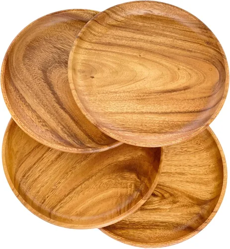Vista 11 de Juego de 4 platos de madera de acacia, redondos de 6 pulgadas, postre de madera maciza de 1 pulgada de grosor, platos laterales y aperitivos