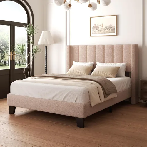 Vista 12 de Base de cama tamaño matrimonial con cabecero, marco de cama plataforma tapizado con cabecero de terciopelo tipo osito de peluche, soporte