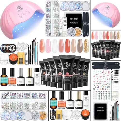 Vista 10 de Modelones Kit de uñas de polygel de 133 piezas, kit de gel para extensiones de uñas de 32 colores en primavera rosa pastel con lámpara de uñas, capa