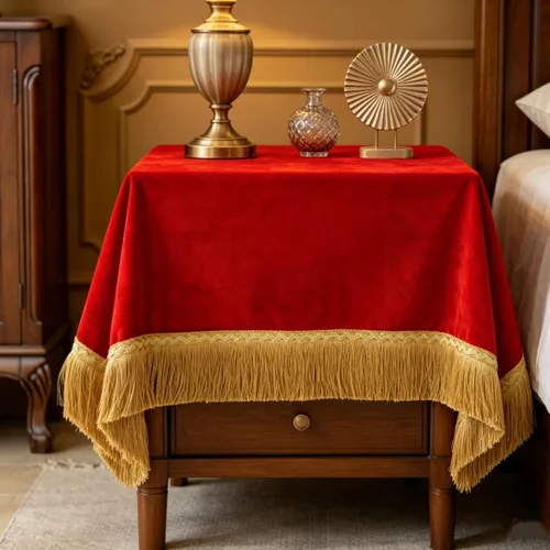 Vista 30 de F-CHU - Funda de terciopelo negro de lujo para mesita de noche con flecos dorados, mantel decorativo para mesita de noche, a prueba de polvo
