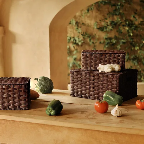 Vista 8 de GRANNY SAYS Canastas de mimbre con tapas, juego de 3 cajas de almacenamiento decorativas, canasta tejida para organizar, canastas de almacenamiento