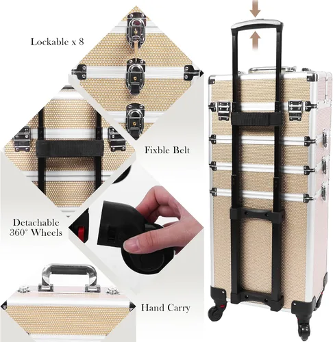 Vista 3 de Estuche de maquillaje profesional con ruedas, estuche de tren de maquillaje 5 en 1, carrito de maquillaje cosmético, estuche de cosmetología