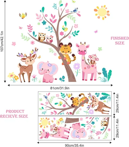 Vista 10 de Supzone Calcomanías de pared de árbol de animales de la selva, elefante rosa, jirafa, calcomanías de pared para niños y niñas, dormitorio, sala