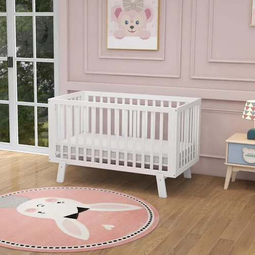 Vista 8 de BABY JOY Cuna de madera para bebé, cuna de madera de goma con base de soporte de colchón ajustable de 3 alturas y barandillas de longitud completa