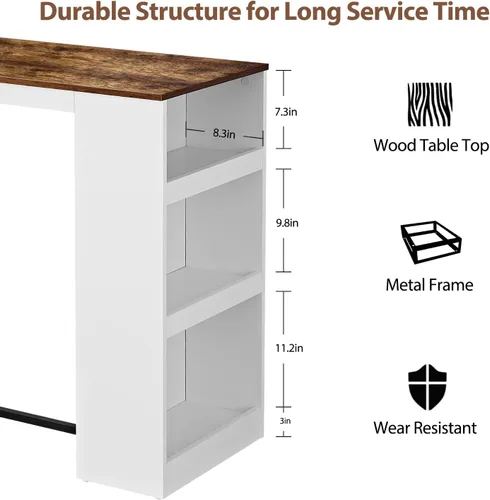 Vista 7 de Panana Juego de mesa de comedor de 3 piezas, mesa de bar de cocina con dos estantes de almacenamiento de taburetes, mesa de madera con acabado
