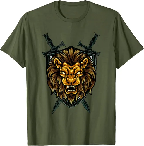 Vista 82 de Camiseta con diseño de caballero medieval renacentista, con diseño de espada de león, Negro, S