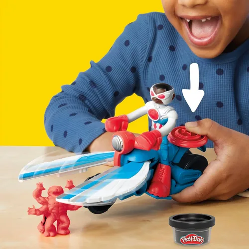Vista 5 de Play-Doh Marvel Capitán América Moto-Cortador Set de juego con figura de acción articulable, 3 accesorios, juguetes de imaginación para niños de 4