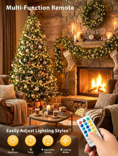 Vista 2 de Hopolon Guirnalda de luces para interiores y exteriores, 33 pies, 100 luces LED de Navidad con control remoto, cable verde conectable, luces