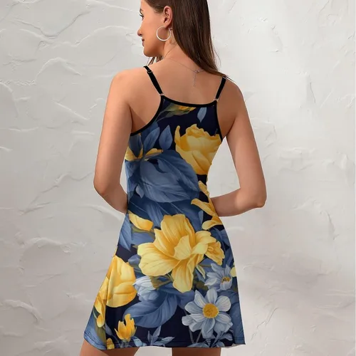 Vista 8 de Mini Cami Dress Spaghetti Strap Backless Flowy Sling Dress Blue Base Yellow Floral Summer Holiday Sundress
