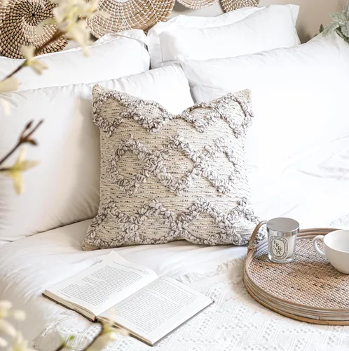 Vista 3 de BlissBlush Fundas de Almohada Decorativas Boho Beige Marrón 18X18, Funda de Almohada de Acento Bohemio, Funda de Almohada con Textura