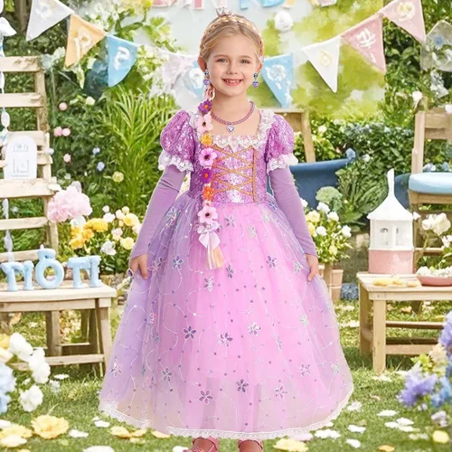 Vista 2 de Vestido de princesa morado para niñas pequeñas, disfraz para fiesta de cumpleaños, carnaval, Halloween